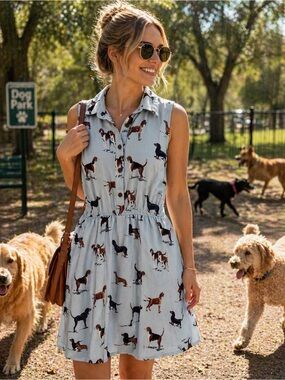 Dog Print Shirt Dress Light Blue Dog Lover Dress Button Front Elastic Waist
